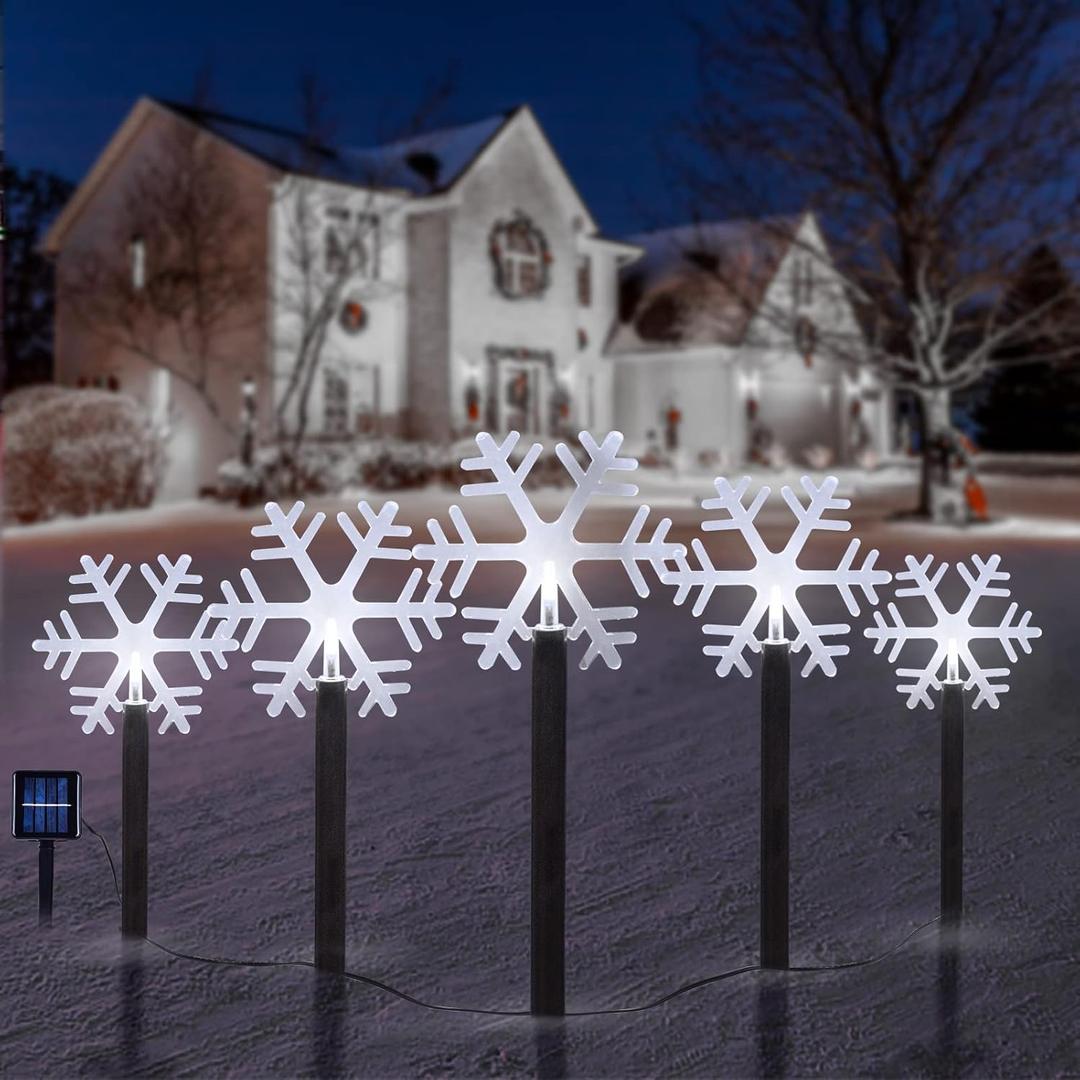 BRIGHTDECK Snowflake Solar Christmas Decorations Outdoor, 5 Pack LED Pathway Lights, Waterproof Snowflake Pathway Lights, Stake Lights for Christmas Garden Decor (5Pcs Cold White)