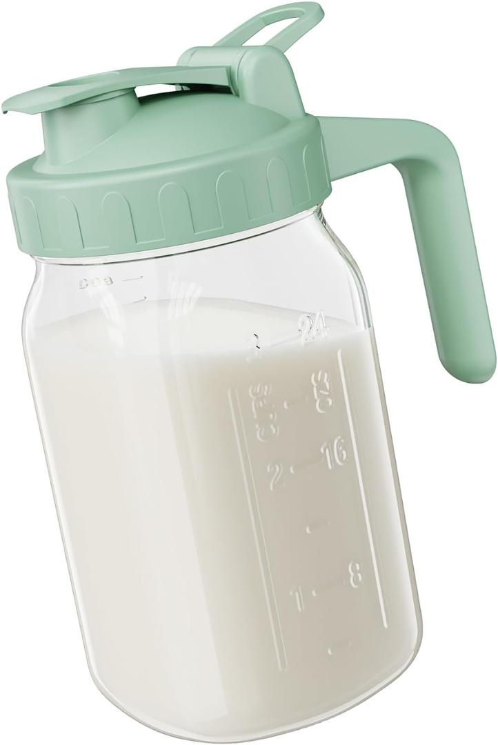 Breast Milk Pitcher Jug - 32 oz Glass Mason Jar Airtight Pitcher with Pour Spout Handle for Breastmilk, Iced Tea, Ice Drinks Storage Container Green