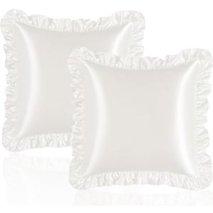 Ivory White Euro Ruffle Pillow Shams Set of 2, 26 x 26 Inch Satin Ruffle Pillow Covers for Hair and Skin, Silky Pillowcase with Envelope Closure, Anti Wrinkle Ruffled Pillowcase for Sofa, Bed