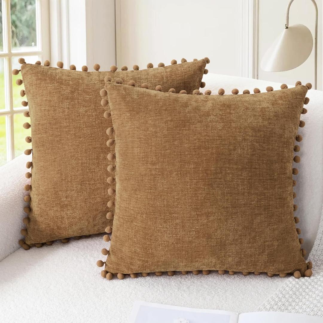 CaliTime Throw Pillow Covers Decorative 16 X 16 Inches Pack of 2 Cozy Solid Dyed Soft Chenille Cushion Cases with Pom Poms for Couch Sofa Bed Living Room Home Apricot Brown