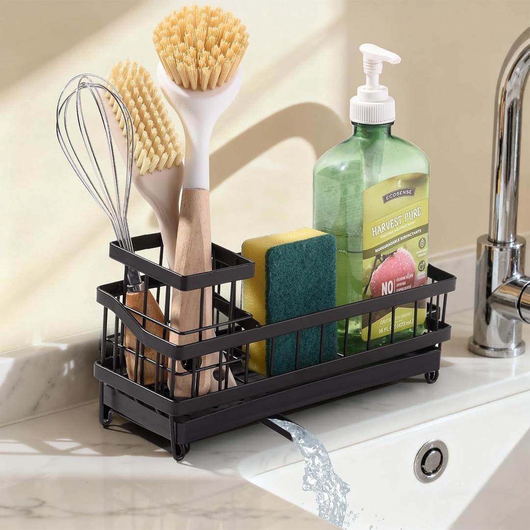 Sponge Holder for Kitchen Sink, Sink Caddy Organizer with High Brush Holder, Kitchen Countertop Organizers and Storage Essentials, Kitchen Decor, Rustproof 304 Stainless Steel