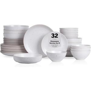 Stone Lain Lauren Modern Stoneware 32-piece Round Dinnerware Set, Plates and Bowls Set, Dish set for 8, Off White