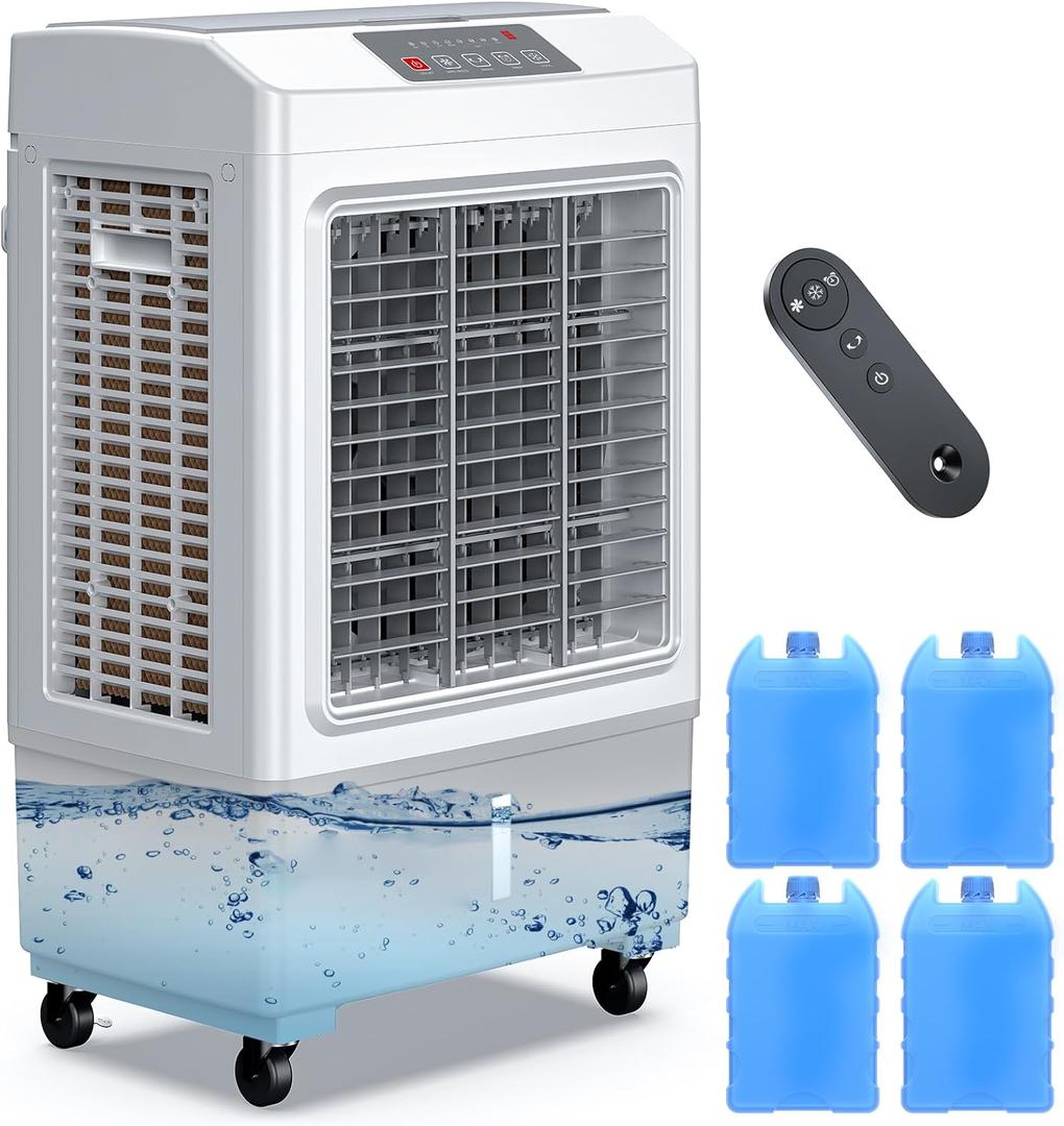 Windowless Swamp Cooler, 3 in 1 Evaporative Portable Air Conditioner with Remote, Cooling Fan Ac Unit,3 Speed, 24H Timer, 5.3 Gal Water Tank, 4 Ice Box for Garage, Patio, Bedroom Home Office Outdoor