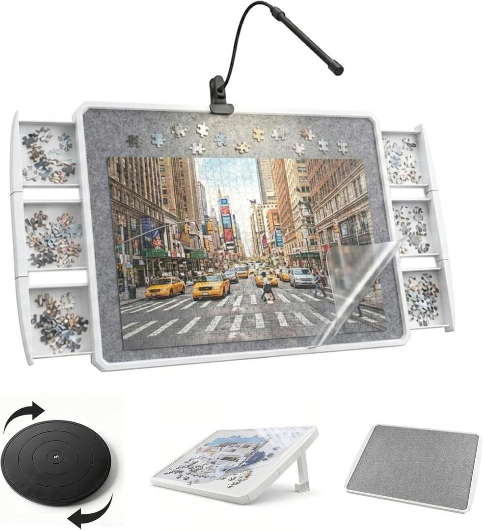Puzzle Board with 6 Drawers and Cover 35"x26"Portable Spinning Plastic with Rotating & Tilting 1500 Pieces Puzzle Table for Adults Gift for mom