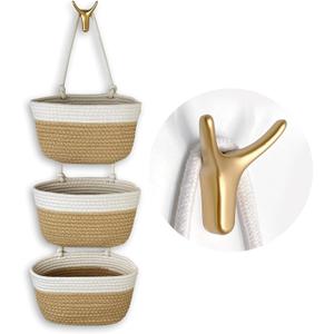 3-Tier Decorative Cotton Rope Hanging Basket, Wall-Mounted Woven Storage Organizer Bag, White + Jute