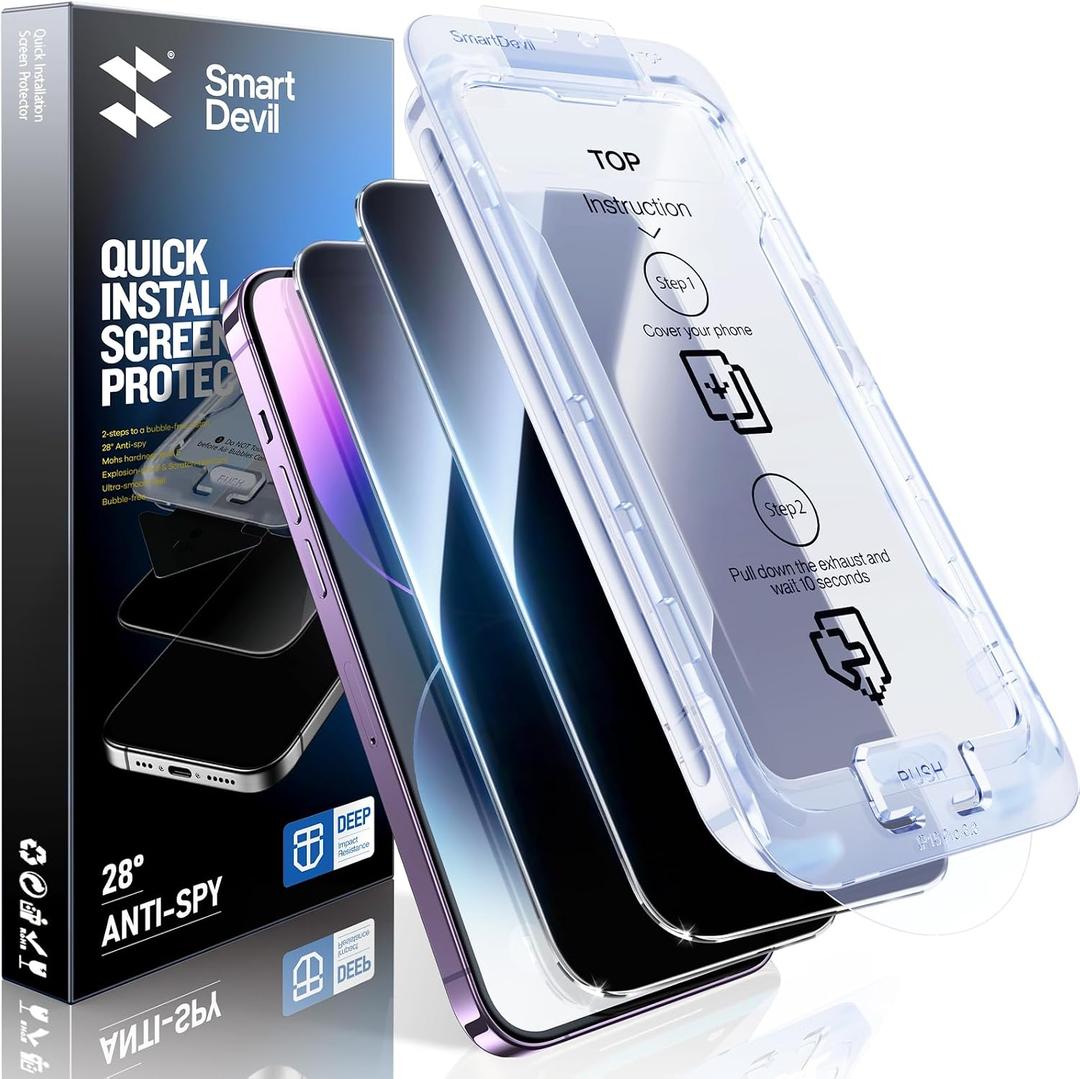 SMARTDEVIL 2 Pack Privacy Screen Protector for iPhone 14 Pro Max, 28° Anti-Spy 9H Tempered Glass, Impact & Scratch Resistant, Auto Dust & Bubble-Free Install Frame, Easy to Install, Case-Friendly