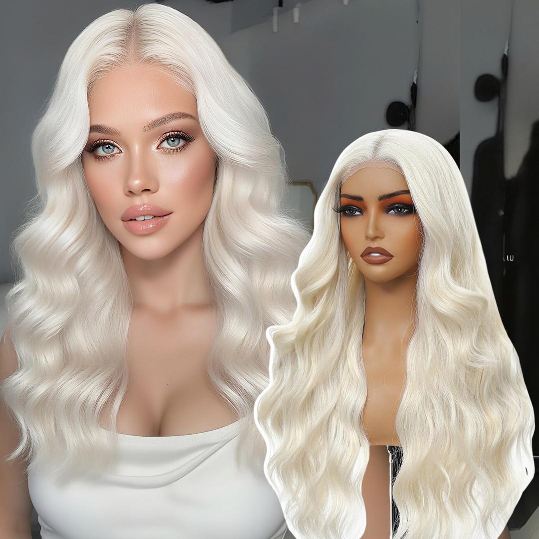 Platinum Blonde Lace Front Wig for Women 5x4x1 Lace Hairline Long Wavy Middle Part Glueless Wig Heat Resistant Synthetic Wigs for Daily Party Cosplay Costume Wig Use 24 Inch