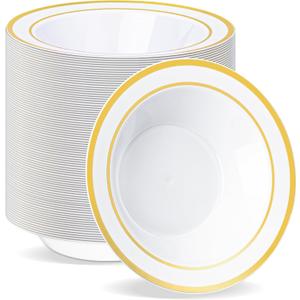 BESTVIP 100 Pack Plastic Bowls with Gold Rim, 12 oz Disposable Soup Bowls, Heavy-duty Dessert Salad Bowl for Party, Wedding, Christmas, Dinner, Catering