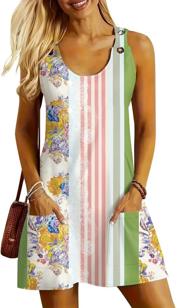 ETCYY NEW Womens Sleeveless Summer Dresses 2026 Cusual U Neck Sundresses Striped Printed Short Dress with Pocket (Flowerpink), Size Medium