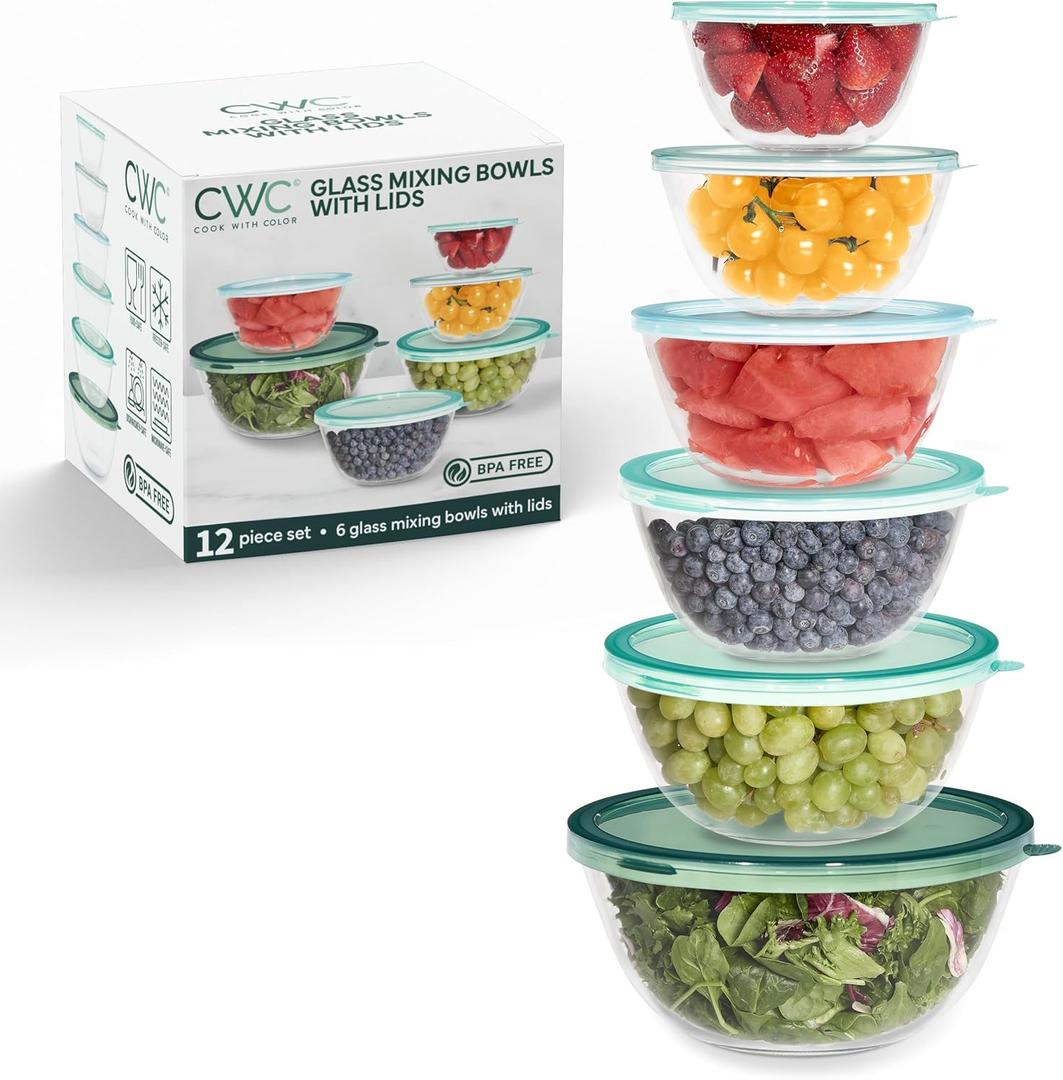 COOK WITH COLOR 12 Pc Glass Mixing Bowl Set with Lids  Borosilicate Glass Nesting Bowls for Cooking, Baking and Meal Prep, Sage