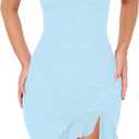 BORIFLORS Women's Sexy Off The Shoulder Bodycon Midi Dresses Elegant Ruched Ruffle Hem Cocktail Party Dress, S (Baby Blue)