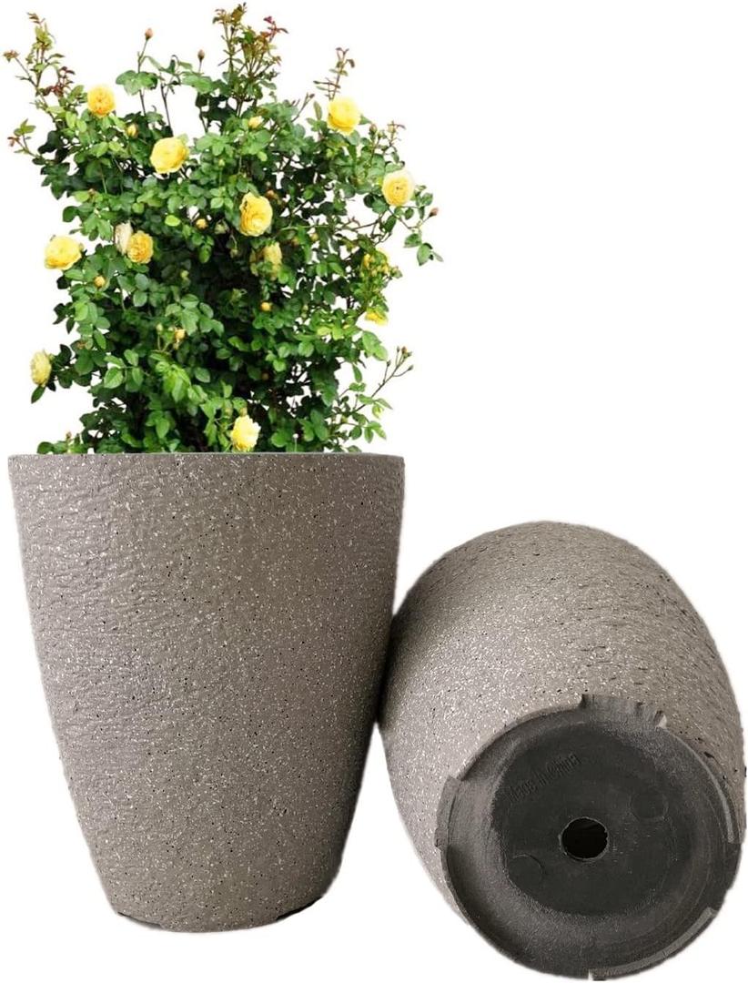 10 inch Garden Planter Lightweight Indoor Outdoor Pots with Drainage Hole for Potted Plants Flowers Greenery, Set of 2 (Speckled Grey)