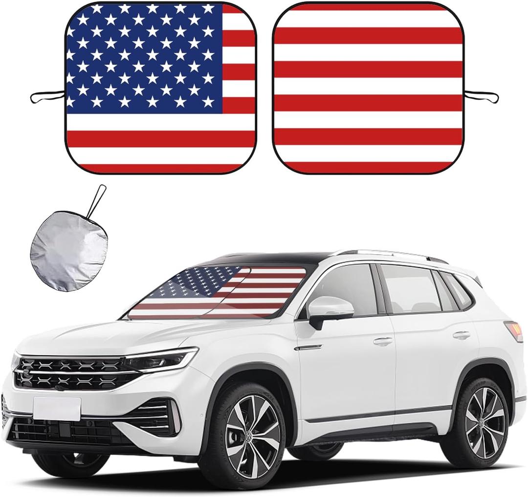 Ziciner 2 PCS Car Windshield Sun Shade, Auto Sun Heat and UV Rays Blocker, 28"31" Foldable Automotive Front Window Sunshade Protector, Universal Vehicle Interior Accessories (Red Flag-M)