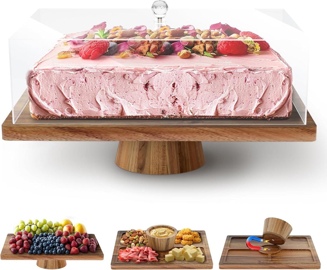 MAONAME Acacia Wood Cake Stand with Lid, 3 in 1 Rectangular Cake Holder, Wooden Cakes Plate with Strong Lagnetic Base, Dessert Table Display Set for Wedding, Birthday, Party