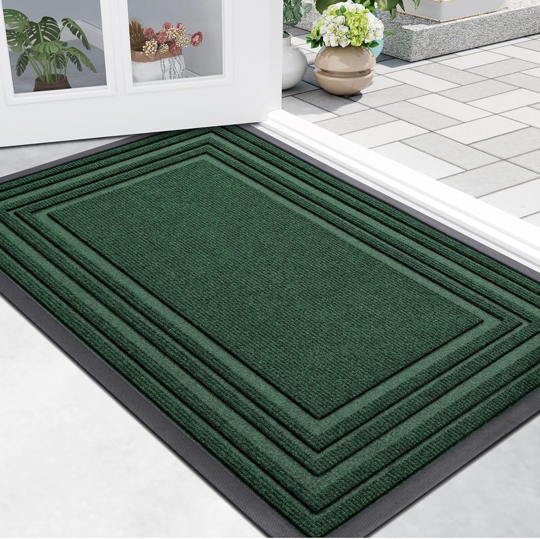 Buganda Front Door Mat Indoor Outdoor Entrance, Non-Slip Natural Rubber Doormats, Easy Clean, Low Profile, Dirt Trapper Entryway Floor Mats for Outside, Garages and Patios, 29.5x17, Green