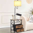 LOKHOM End Table with Lamp, Floor Lamp with Table Attached, Rustic Bedside Nightstand with USB Type-C Charging Port 2 Outlets and 2 Fabric Storage Drawers, Side Table with Lamp for Bedroom Living Room