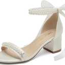 Block Heel Wedding Sandals Open Toe Pearl Wedding Shoes for Bride Low Heel Bridal Shoes Chunky Heel Sandals-Ivory, Size: 8