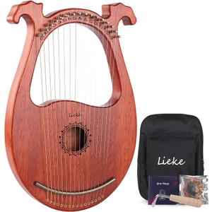 LIEKE Lyre Harp 16 Metal Strings,Mahogany Body and Copper Saddle,Mini Harp instrument Gift with Bag Tuning Wrench for Beginner Musician