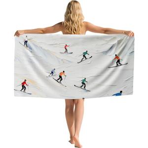 Winter Skiing Skier Beach Towel, Ski Lover Themed Sand Beach Towels Gifts for Women Men Kids, Winter Snow Quick Dry Bath Pool Towels for Bathroom Swiming Pool Camp, Ski Lodge Decor, 30x60 Inch