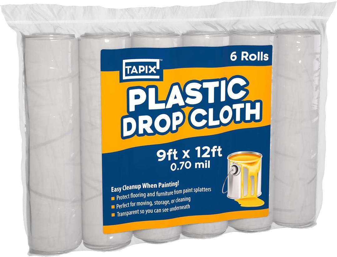 12 x 9 Ft Drop Cloths (6-Pack)  Plastic Sheeting & Painters Plastic Tarps for Painting, Waterproof Floor & Furniture Protection