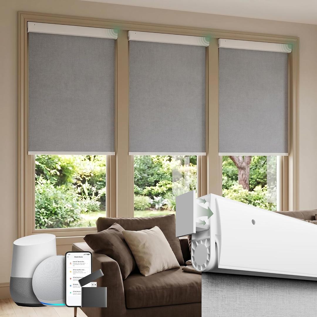 No Drill Motorized Blinds with Remote, Grey,33" W x 72" H