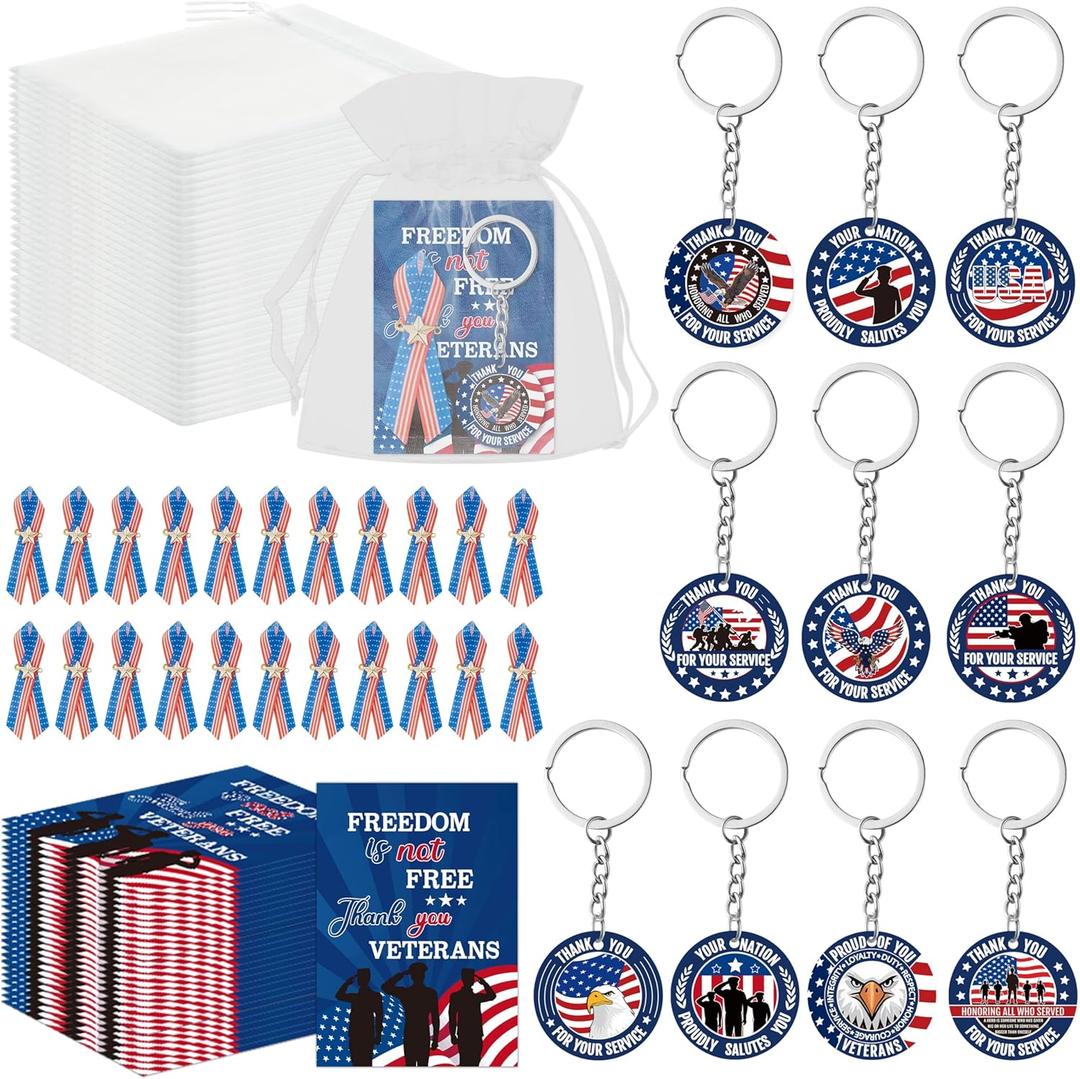 Veterans Day Gifts Set - 200P American Flag Satin Awareness Patriotic Ribbon Pins Veterans Day USA Keychain with Inspirational Card Star Patch Organza Bag Appreciation Retirement Party Supplies