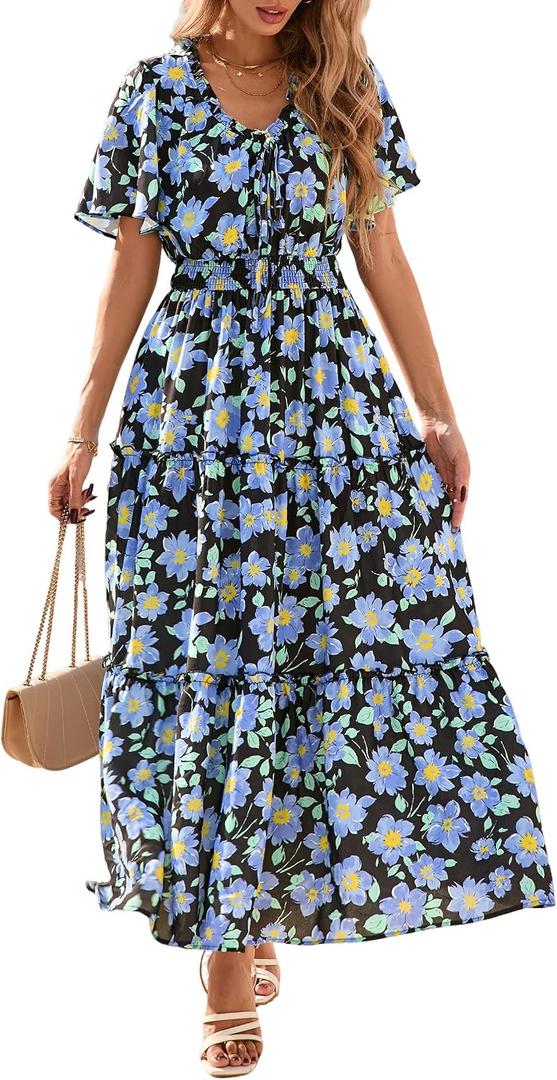 KIRUNDO Spring Summer Wedding Guest Dresses for Women 2026 Boho Floral Short Sleeve V Neck Ruffle Tiered Flowy Maxi Dress