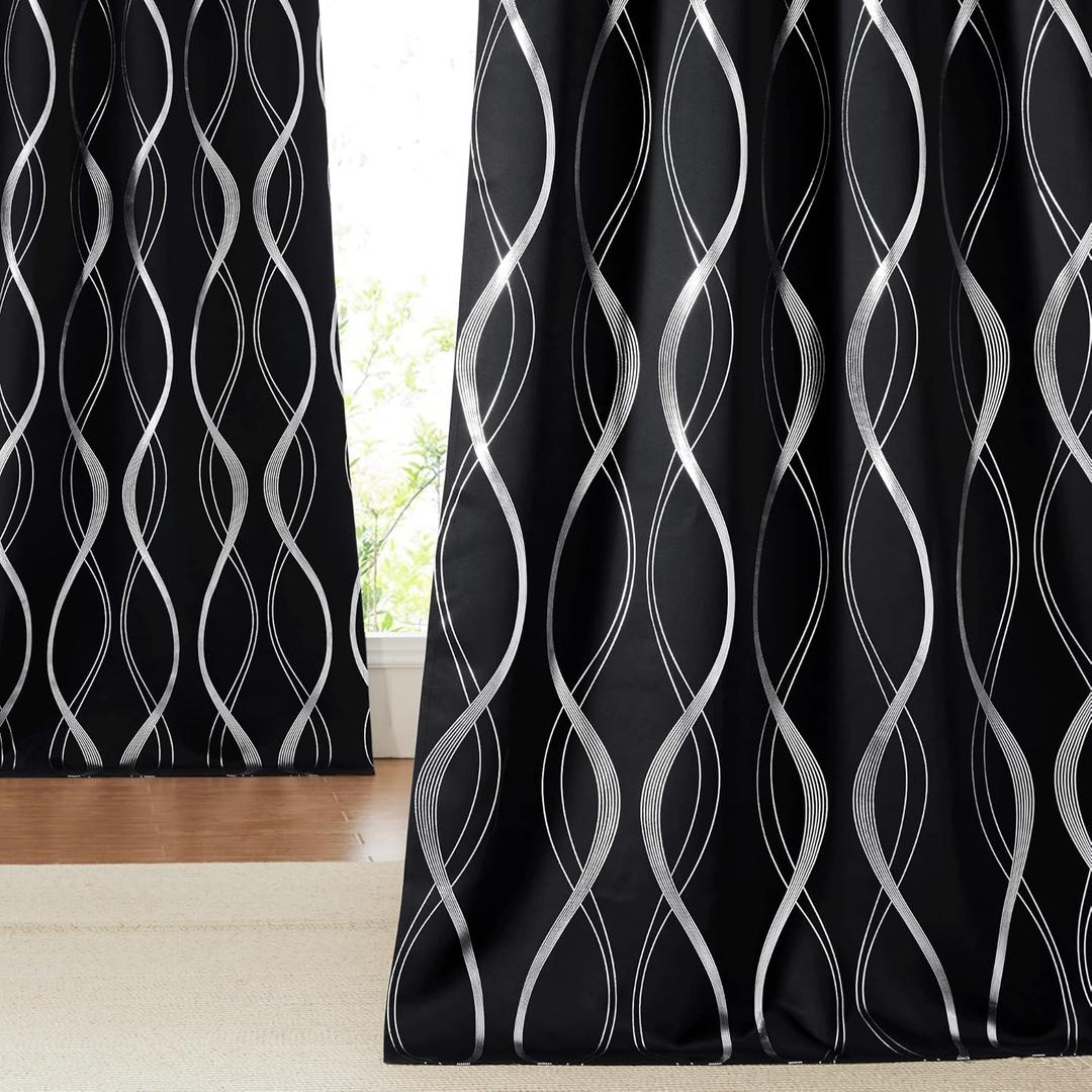 NICETOWN Blackout Curtains for Patio, Foil Printed Wave Lines Home Decoration Thermal Insulated Grommet Blackout Draperies/Drapes for Large Window Living Room (2 Panels, 52 inches x 95 inches,Black)