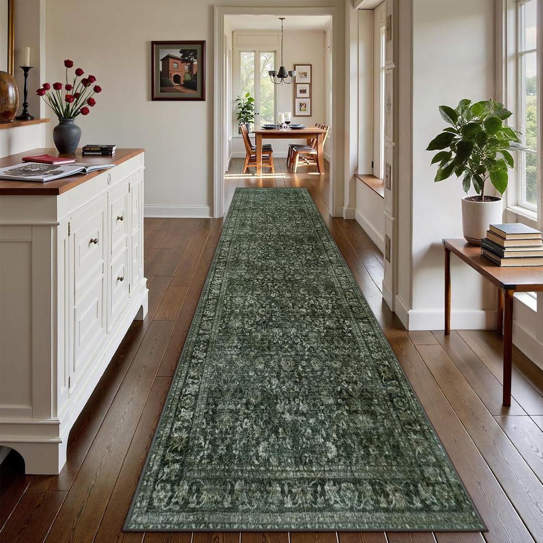 LEEVAN Green Vintage Hallway Runner 2.5x12,Distressed Floral Long Kitchen Runner Rug,Soft Washable Indoor Runner Rug Non Slip for Entryway,Bathroom,Laundry Room,Bedroom,Office
