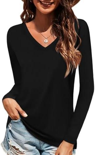 Elesomo Women Shirts V Neck Short/Long Sleeve Cotton Tops T-Shirt Basic Tees XL