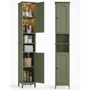 HAIOOU 67" Tall Bathroom Storage Cabinet with Light,11.8"W Narrow Bathroom Cabinet with Adjustable Glass Shelves,Slim Freestanding Cabinet for Small Spaces,Skinny Cabinet for Kitchen,Living Room Green, 11.8"W*11.8"D*66.9"H
