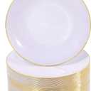 Nervure 100Pieces White with Gold Rim Plastic Plates - 7.5inch Disposable Gold Salad/Dessert Plate - White and Gold Plastic Plates Ideal for Wedding & Party & Father's Day