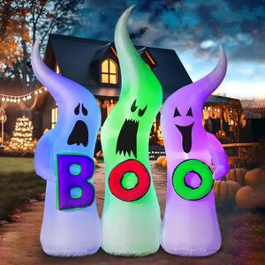 FunFanso 6FT Halloween Inflatable Ghosts Spooky Outdoor Decoration, Three Scary Blow Up Ghosts Holding Boo Signs with Colorful LED Lights for Halloween Holiday Garden Lawn Yard Home Porch Party Decor