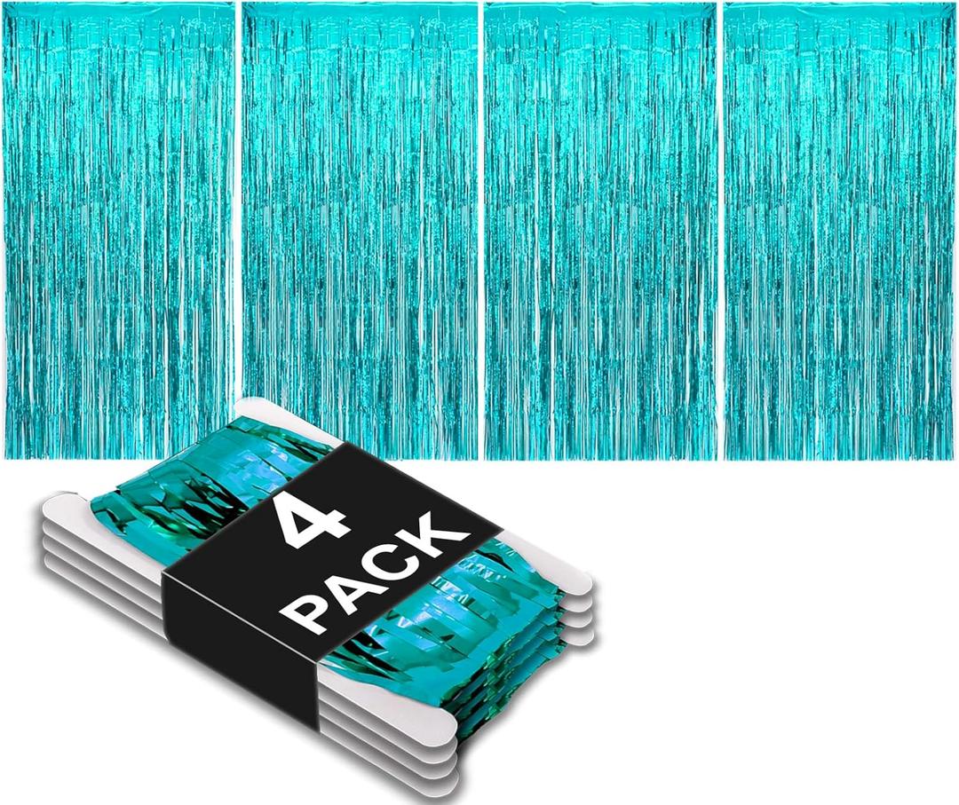 Allgala 4 Pack Turquoise Metalic Tinsel Party Photo Backdrop Curtain 3.3x6.6 FT (1x2M) Photo Booth Background Curtains Door Fringe Dcor Party Streamer for Birthday Graduation New Year Eve