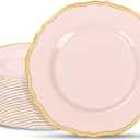 Hioasis 60pcs Pink Plastic Plates - Pink and Gold Disposable Dinnerware with Gold Rim, Heavy-duty, 10.25 inch, Dinner Plates for Party & Valentine's Day