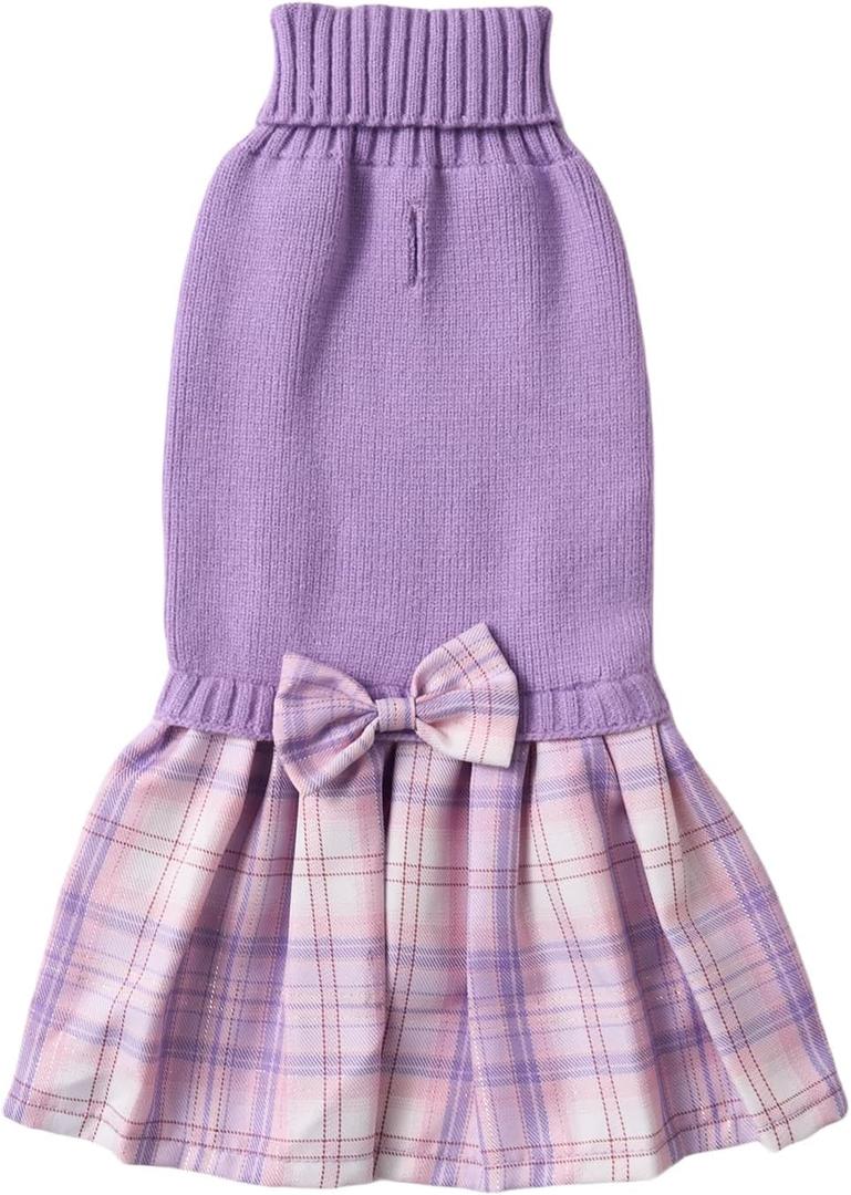 Purple Knitted Dog Sweater Dress, Pink Plaid Dog Winter Clothes Dresses for Dogs Girl, Dachshund Doggy Pet Apparel, Large (L)