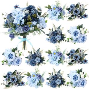 Zeyune 12 Bundles Gradient Blue Artificial Flowers Peonies Silk Dahlia Faux Rose Fake Chamomile Hydrangea Bouquet Floral Arrangements Bulk for Home Vase Wedding Party Table Centerpiece (Peonies)
