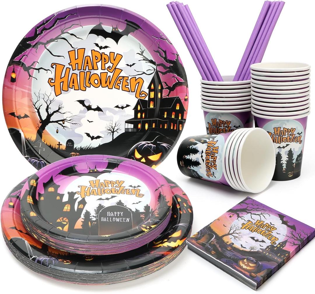 3 x Halloween Paper Plates, Halloween Party Plates and Cups With Straws, Disposable Tableware Party Supplies, Serve for 25 Guests, Spooky Pumpkin Bat Castle, 125 PCS