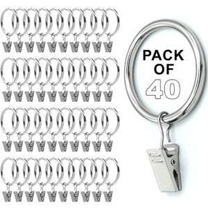 Silver Curtain Rings with Clips 1.5" Inch Set of 40 Heavy Duty Curtain Hooks for Drapes, Caps, Pictures - fits on Rod Diameter Upto 1.25Inch/32mm (Silver, 1.5" Inch - 40 Pack)