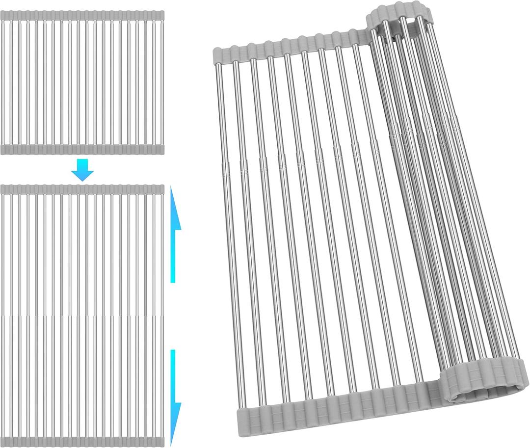 Roll Up Dish Drying Rack, Adjustable Over Sink Dish Drying Rack for Kitchen, 10"-20" Foldable Sink Rack to Dry Dishes & Drain Items, Stainless Steel Over Sink Cover Drying Mat (22"x13.8"(Expandable))