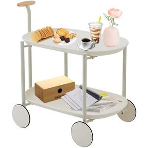 BFECGDXT 2 Tier Rolling Utility Trolley Cart, Service Carts with Handle and Wheels, Multifunctional Storage Organizer Snack Shelf for Living Room, Bedroom and Office, White, 24.8x16.5x25.4in