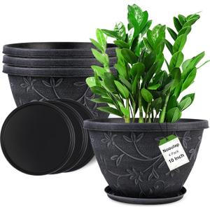 4 Pack 10 Inch Plant Pot for Outdoor Indoor, Plastic Flower Pots with Drainage Hole & Saucer, Lightweight Small Resin Flower Pot, Imitation Magnolia Pots for Garden House PlantersGray