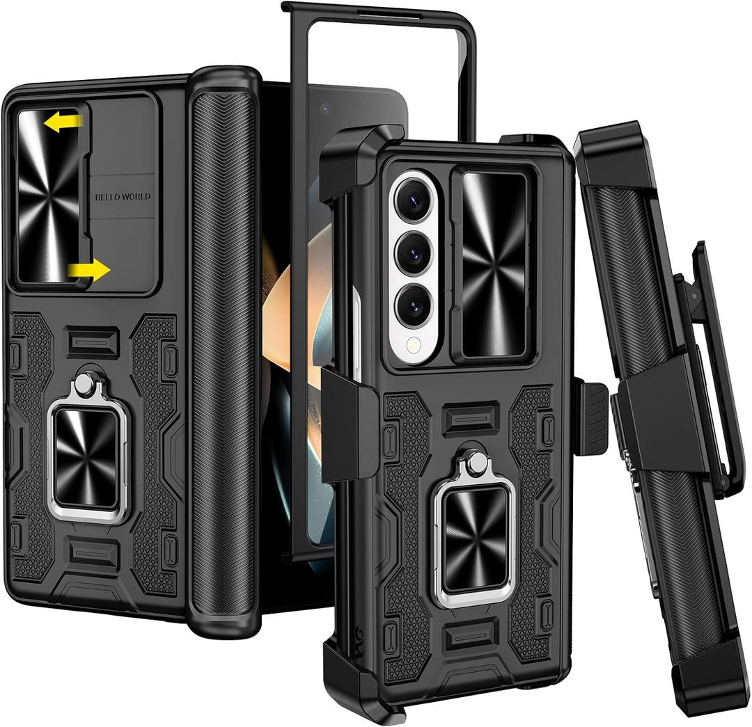 VEGO for Galaxy Z Fold 4 Case with Belt Clip Holster, 360Ring Magnetic Kickstand & Camera Cover & Front Screen Protector, Hinge Protection Shockproof Armor Cover - Black