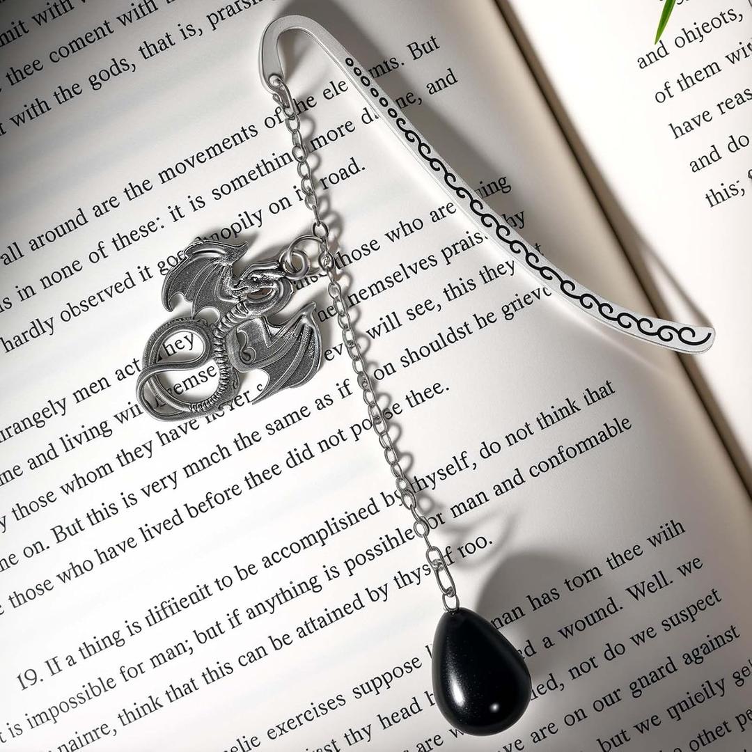 7 x Vintage Bookmark with Dragon Drop Black Crystal Stones Pendant Silver Metal Dragon Chain,Handmade Bookmarks for Reading Women,Men,Book Lovers,Girls,Teens,Teachers and Students(Opal)