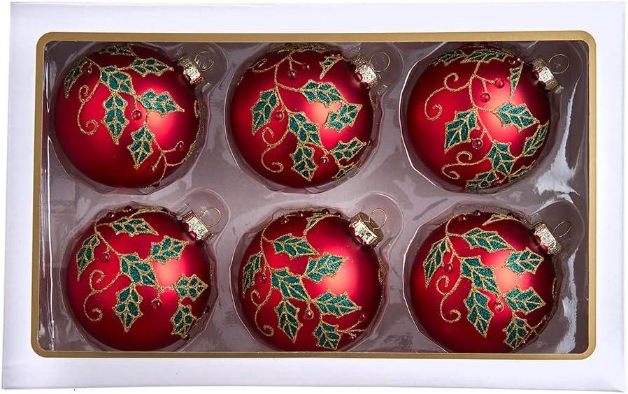 Kurt Adler 80MM Glass Red Berry and Holly Leaves 6-Piece Ball Ornament Set
