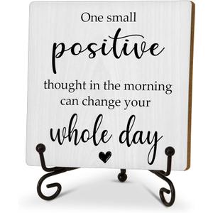 2 x Funny Office Desk Decor, One Small Positive Thought Wooden Sign, Inspirational Gifts for Women Men Friends Coworkers Birthday Christmas, Cute Cool Desk Accessories for Home Office-C12