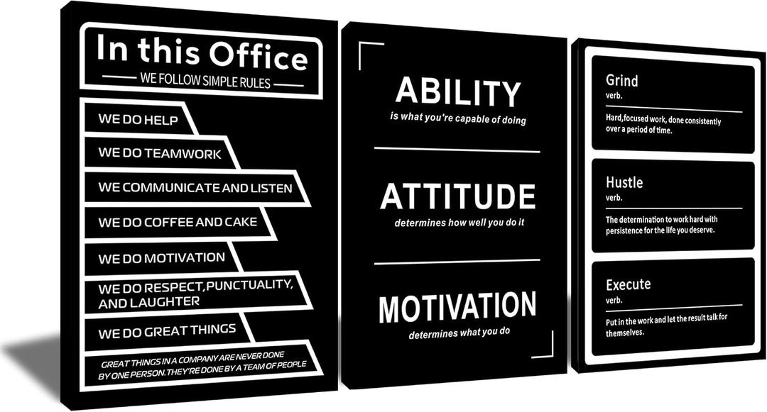 Motivational 3 Panel Office Rules Canvas Wall Art Decor Teamwork Positive Energy Black White Poster Printing Inspiring Quotes Picture Decoration for Bedroom Gym Stretched and Framed [16''W x 36''H]