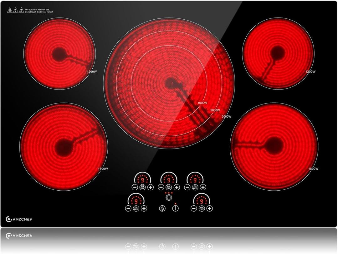 AMZCHEF Electric Cooktop 30 Inch,5 Burners Built-in Electric Stove Top,Max 9000W Ceramic Glass Countertop with Touch Control,9 Heating Level,Triple Zone,Safety Lock