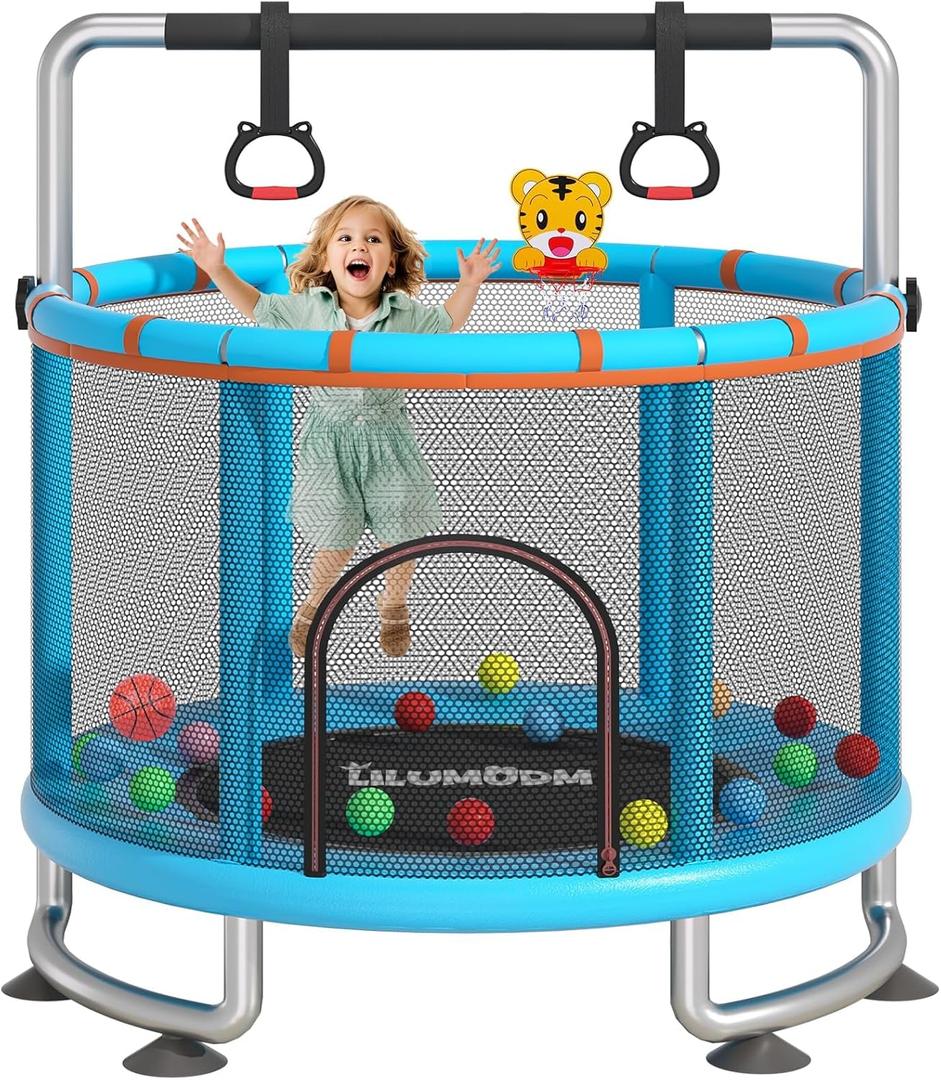 55" Toddler Trampoline for Kids,LILUMUDM Indoor Outdoor Trampoline with Enclosure Net, Adjustable Gymnastics Bars,Basketball Hoop,Baby Trampoline Jumping Mat Birthday Gifts for Children Boy Girl.