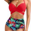 High Waisted Underwire Bikini Sets - Women 2025 Two Piece Swimsuits Halter Bathing Suits with Tummy Control Bottom (Small, Red Floral)